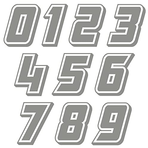 Autodomy Pack 10 Unita Numeri Adesivi per Moto Cross 10x6,5 cm | Adesivi Numeri Moto Resistente Pioggia e al Sole | Adesivo Numero Auto, Scooter,Casco e Quads ATV Facile Installazione | Colore Argento