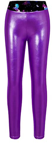 MSemis Leggings Lucidi Danza Bambina Leggins Disco Jazz Pantaloni a Vita Media da Allenamento Ginnastica Fitness Pants Leggings da Danza Yoga Caviglila Elasticizzati Ragazza Viola 3-4 Anni