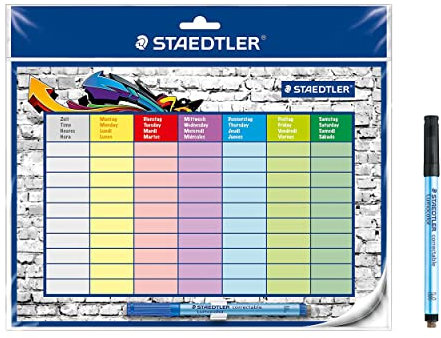 STAEDTLER Stundenplan Lumocolor, selbsthaftend und wiederverwendbar, trocken abwischbar, inklusive Lumocolor correctable blau und schwarz, Stiftklemme