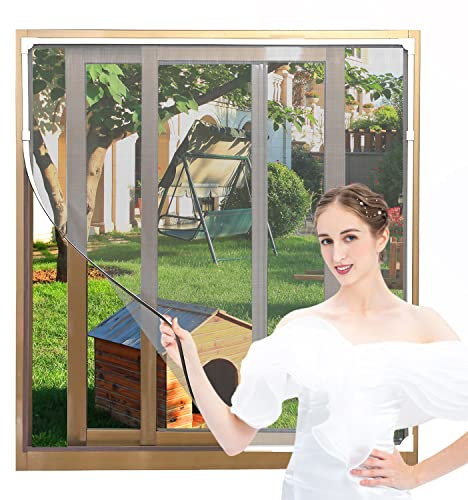 AMLOOPH Magnetic Window Fly Screens for Windows Nets to Keep Bugs Out, Up to 140x155cm DIY Fly Bug Mosquito Net Window Mesh Insect Screen for Windows, White PVC Frames Grey Fiberglass Window Screen