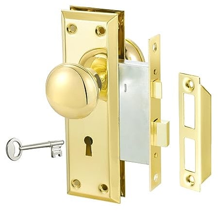 Newliplace 3 Pack Mortise Lock Set for Interior Door, Antique Door Knobs Gold Door Knob with Lock and Key, Vintage Mortise Keyed Lock Set
