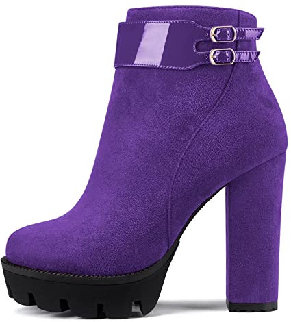 Castamere Femmes Bloc Chunky Plate-forme Haut High Talon Heel Fermé Rond Bout Bottines Fermeture à Glissière Classique Bottes Violet 42 EU