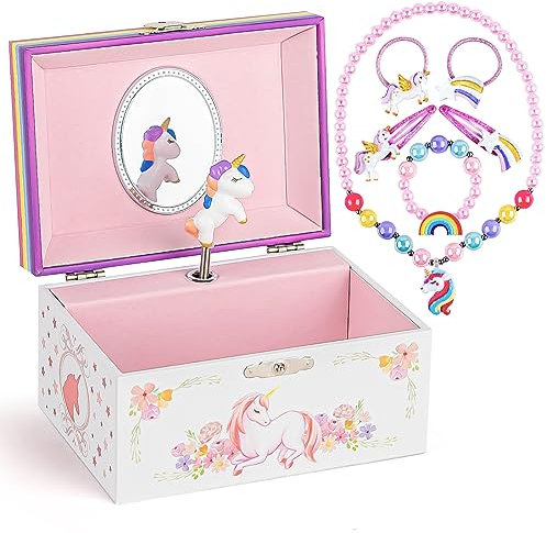 Schmuckkästchen für Kinder mit Spieluhr und Schmuckset, Einhorn-Spieluhr für Mädchen und kleine Mädchen, Tochter, Enkelin ab sechs Jahren, Geburtstag, Weihnachten, Spielmelodie schöner Träumer
