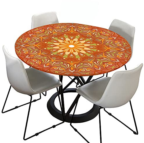 Morbuy Rund Tischdecke Elastisch, Lotuseffekt Tischdecke Abwaschbar Tischdecken Mandala Drucken Gartentischdecke Indoor Outdoor Tischtuch (Durchmesser 70cm,Orange)