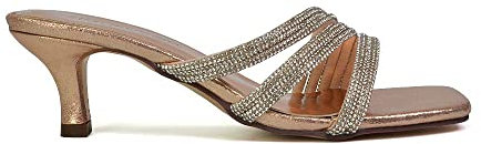 Womens Low Kitten Heel Sandals Ladies Diamante Straps Slip On Sparkly Rose Gold Party Shoes Size 6