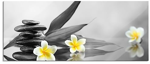 Pixxprint Glasbild Panorama, Wandbild aus Echtglas, Monoi Blüten Zen Steinturm, 100x40 cm, inkl. Aufhängung und Abstandshalter