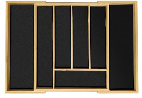 Relaxdays Cubertero Cajón Extensible, Organizador Cubiertos y Utensilios 5-7 Compartimentos, Bambú/MDF, Natural/Negro