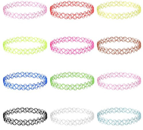 XIHIRCD 12 Stück Tattoo Halskette, Kunststoff Stretch Halskette Schlüsselbein Niedliche Elastische Halskette 90er 95er Jahre Schmuckzubehör für Frauen Teenager Mädchen Jungen (Mehrfarbig)