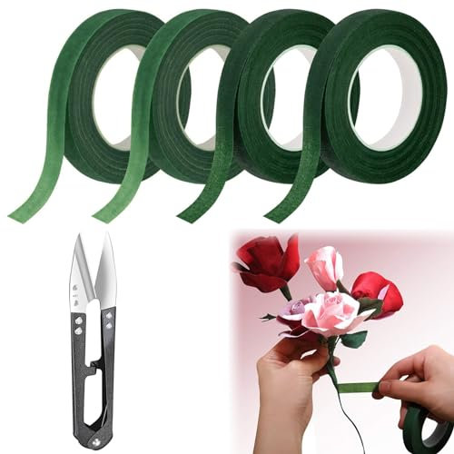 Floristik Kreppband, Floristenband Grün, 4 Stück Floristenband, Flora Kreppband Selbstklebend, Floristenkrepp, Selbstklebend Floristenkrepp Set, für Bouquet Blumen DIY Kunsthandwerk(27m/Rolle)