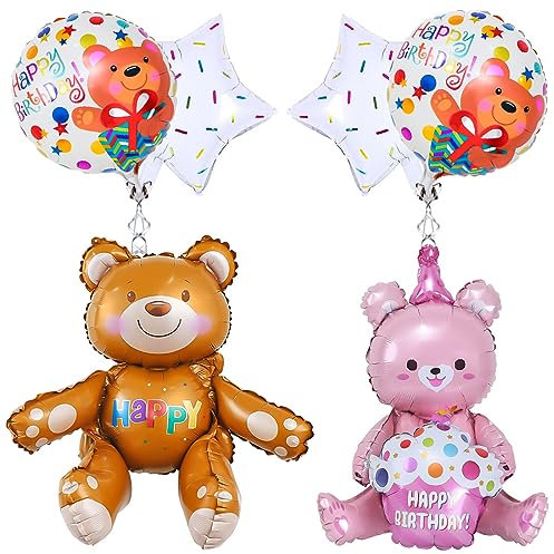 6 Pezzi Palloncini Orsetto, Giganti Palloncini Foil Orsetto, XXL Palloncini Foil Rotondi Happy Birthday, Palloncino Marrone Rosa Orsetto per Bambini Tema Feste Compleanno Decorazioni