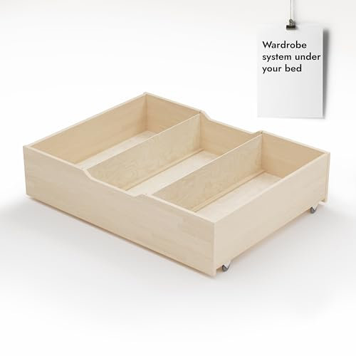 Hansales Massivholz Unterbettbox mit Rädern und Fächern 97,5x79x23cm, Holzschubladen für Betten Kaja und Kulli.