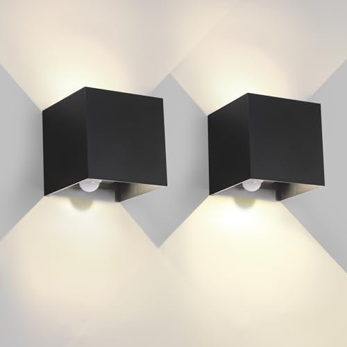 FUPE 2 Stück Wandleuchte Aussen Innen mit Bewegungsmelder Lichtsensor LED Wandlampe Aussen Außenwandleuchten Modern Schwarz 6W 4000K IP65 Wasserdicht quadratisch Aluminium Passen Sie den Lichtwinkel