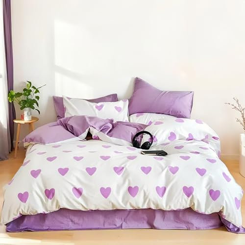 Menkala Bettwäsche Herzen 135x200 4teilig Lila Weiß Herz Aesthetic Violett Herz Muster Weiss Bettwäsche-Sets Microfaser Bügelfrei Mädchen Bettbezug Set und 2 Kissenbezüge 80x80 cm mit Reißverschluss