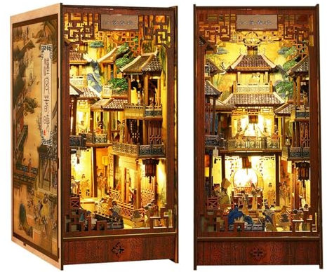 AOXCHEN DIY Book Nook Kit avec la Culture Chinoise, Modèle de Serre-Livres avec Lumière de Capteur de Corps Humain, Bibliothèque de Puzzle en Bois 3D, Cadeau d'anniversaire pour Adultes