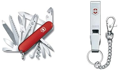 Victorinox Handyman, Swiss Army Knife, Couteau multifonction, Léger, Multitool, 24 Fonctions, Grand Lame, Tire Bouchon, Metal Voir, Rouge & Passe-ceinture «Multiclip» + chaîne (couleur argent), Gris