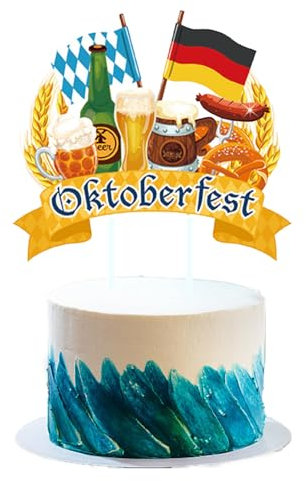 Decoración para tartas, Oktoberfest, Oktoberfest, decoración para tartas de fiesta bávara, decoración con bandera alemana/azul de diamantes blancos, diseño de jarras de cerveza, Oktoberfest,