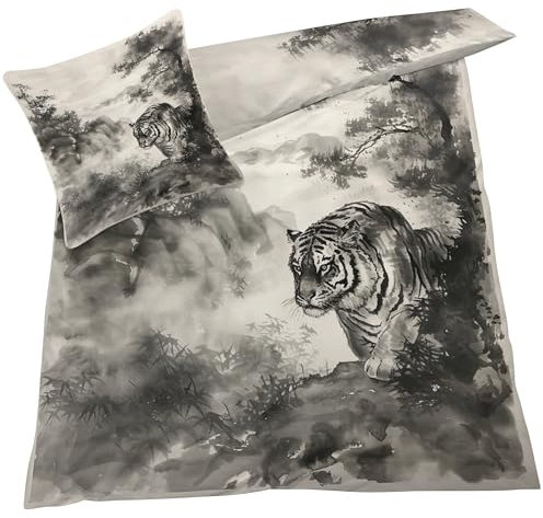 YELDAN Tiger Bettwäsche 140x200, Tuschemalerei Wendebettwäsche, Weiche Kuschelige Mikrofaser Bettbezug Set 2 teilig, 1 Kissenbezug 80x80