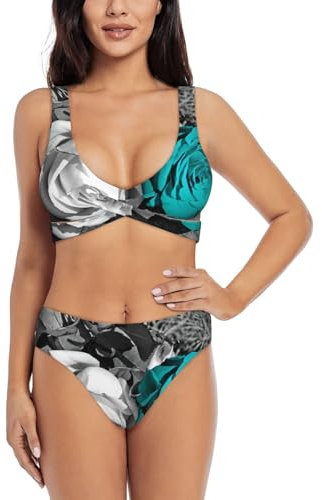 GaxfjRu Black White Teal Gray Rose Flowers Bikini Sets for Women 2 Pcs, High Waisted Bikini Sets for Women, Comfortable Swimsuits for Women 2024