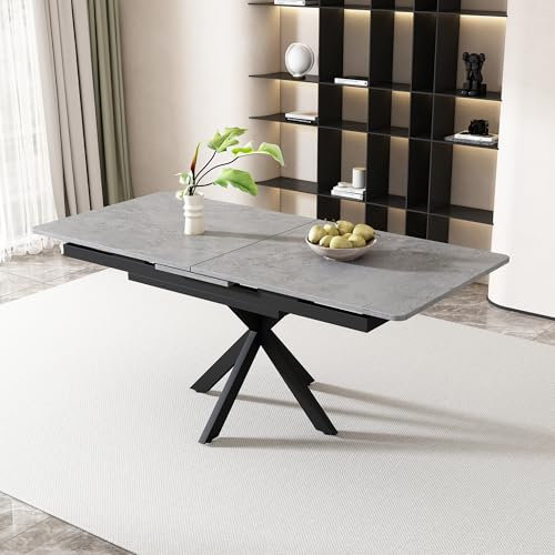 Merax Esstisch ausziehbar, Betonoptik Esstisch 150/180 * 70cm, 4–6 Person, Betonoptik +Schwarz