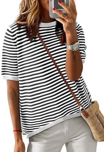 Cuptacc Maglietta Donna in Cotone, Top Estate con Collo Tondo e Manica Corta, Tunica Elegante a Righe, Bianco e Nero