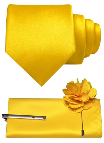 JEMYGINS 3.15 Yellow Tie and Pocket Square with Tie Clip Lapel Pin Set Mens Necktie for Business and Wedding(27)