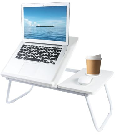 Holdfiturn Foldable Laptop Desk, Laptop Table with Cup Holder, Height Adjustable Computer Bed Tray Table, Reading Holder Notebook Stand for Eating Reading Working White