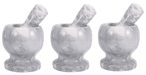 Bayli 3er Set Marmor Mörser mit Stößel - Massiver Gewürzmörser für die Küche - Granit Kräutermühle in Hellgrau - Stein Gewürzmühle für Kräuter und Gewürze - Tabletten zerkleiner - Tablettenmörser