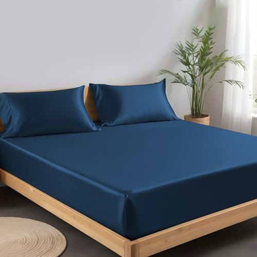 LINENWALAS Spannbettlaken aus 100% Tencel Lyocell 180 x 200 cm, Weiches, Kühlendes Seiden Bettlaken mit bis zu 40 cm Tiefen Taschen, Anti Allergische Eukalyptus Bettwäsche (180x200 cm, Marineblau)