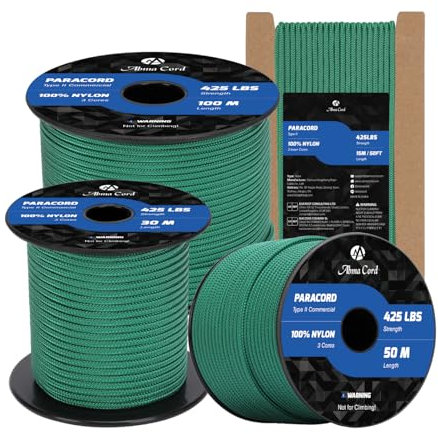 Abma Cord Paracord 3mm 15M 100% Nylon Seil Paracord 425 Typ II Schnur mit 3 Kern für Basteln, Camping, Survival - Max. 192kg (425lbs) - Kelly Grün
