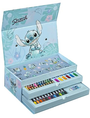 Undercover - Stitch Malkoffer 44-teilig – Kinder Kreativset mit 3 Fächern voller Malspaß – Wachsmaler Buntstifte Poster Sticker – für Kinder ab 3 Jahren