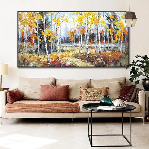 BMGKYAGL Peintures à l'huile sur toile représentant un paysage d'arbres, art mural abstrait moderne au couteau à palette, image pour salon, décoration d'intérieur, cadre 90x180 cm
