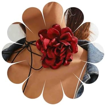 Katshdan Red Rose Flower CHOKER Halskette für Frauen Red Rose CHOKER Halskette riesige Blumenkragen Halsketten Große Blume Langes Wickel Halsketten