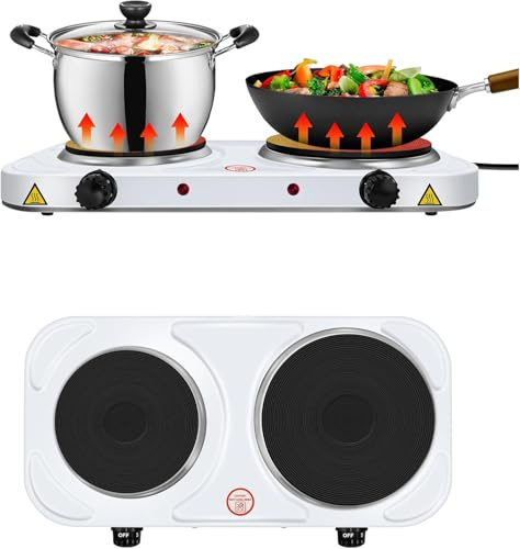 2500W Electric Cooker Hobs Hot Plate,Double Camping Hob Burner Kitchen Electric Hot Plate Cooker, White Table-top Cooking，for Home, Camping & Caravan Cooking