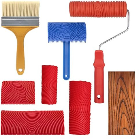 Plmvhpb Ensemble D'Outils à Grain de Bois 8 Pièces, Outil de Peinture de Texture de Bois, Rouleau de Peinture à Motif de Bois en Caoutchouc pour Décoration Artistique de Salle Murale