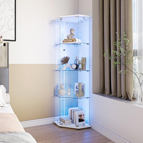 MASAJIA Eckvitrine aus Glas mit LED-Beleuchtung, 4-Lagen Glasvitrine Stehend, Weiß Standvitrine für Sammlerstücke, Wohnzimmer und Büro
