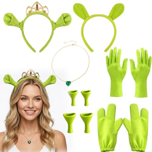 PWCTNT Ogre Ears, Halloween Kostüm, 7 Teiliges Grün Monster Paar Set, Kronen Haarreif mit Ohren-Zubehör, Halskette, Schuh Dekorationen und Handschuhe für Cosplay-Rollenspiel