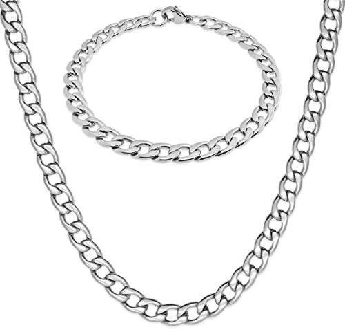 Soul-Cats Panzerkette mit oder ohne Armband für Männer, Herren aus Edelstahl, Breite: 7 mm, Farbe: Silber, Auswahl: Kette 70 cm + Armband