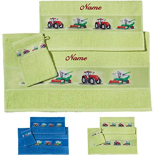 Erwin Müller Kinder Handtuch-Set, Frottier-Set mit Namen, Traktor grün Größe 70x110 cm + 50x70 cm + 15x21 cm - 1 Handtuch, 1 Badetuch, 1 Waschhandschuh - kuschelig weich, saugstark