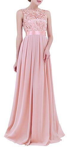 iiniim Robe de Cérémonie Longue Femme Blanche Dentelle Robe de Demoiselle d'honneur Brodé Fleur Robe de Soirée Col Rond Robe sans Manches Mousseline Grande Taille 32-48 Rose pâle 34