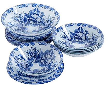 Gschel Tafelservice 19-teilig aus Opalglas | Weiß/Blaues Geschirr-Set mit Blumenmuster für 6 Personen | Stoßfest & Mikrowellengeeignet