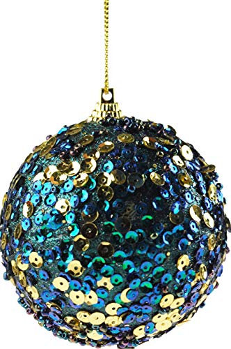Set Of 6 Opulent Glitter Encrusted Blue Gold Sequin Christmas Tree Baubles Decorations