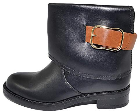 Stivali Bassi Donna Morbidi Biker in Pelle Nero con Risvolto e Fibbia in Contrasto Fondo Comodo Antiscivolo Moda Glamour (37 EU)