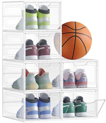 SONGMICS Schuhboxen, Schuh-Organizer aus Kunststoff, mit Tür, durchsichtig, 6er Set, stapelbar, einfache Montage, 34 x 25 x 18,4 cm, für Schuhe bis Größe 44, transparentes Weiß LSP406W02