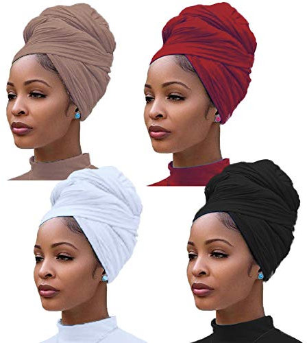 Pesonlook 4 Stück Stretch Jersey Turban Kopfwickel Strickkopfwickel Turban Haarschal Einfarbig Extra lange ultraweiche atmungsaktive Kopfband Krawatte für Frauen
