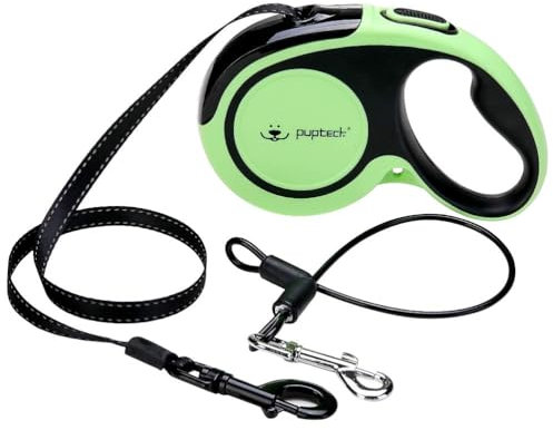 PUPTECK Chew Proof Retractable Dog Lead for up to 110lbs Small Medium Large Dogs, 16ft Reflective Extendable Dog Lead with 15in Durable Wire Rope for Training Walking Green