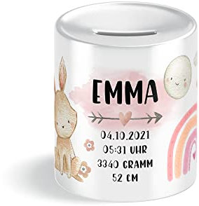 Hase Geburts-Daten Kinder-Spardose für Mädchen mit Namen personalisiert zur Einschulung Taufe Geburtstag Geburt Sparschwein Geldgeschenk Kinderspardose
