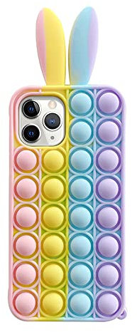 ISAKEN Pop Bubble Fidget Toys Handyhülle für iPhone 11 Pro Max Hülle, Pop Fidget Sensory Toy Regenbogen Silikon TPU Schutzhülle, Süß Hasenohren Weich Silikon Stoßfest Handyhülle für Mädchen Frauen