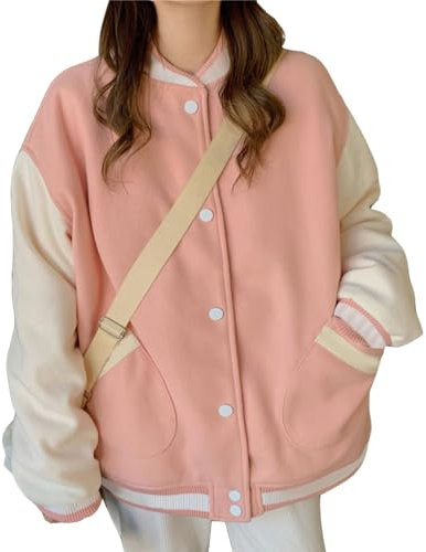 ORANDESIGNE Blousons Femme Bomber Jacket Harajuku Rétro Hip Hop Fermeture éclair Boutons Patchwork Manches en Cuir PU Manteau Collégial Baseball Veste Manteau en Laine Automne Hiver R Rose XXL