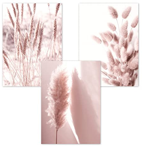 Trayosin Wandbilder Wohnzimmer 3er Premium Set Boho Rosa Pampasgras Poster Wandbilder Deko Bilder, Bilder Wanddeko Schlafzimmer, ohne Rahmen (A,30x40cm)