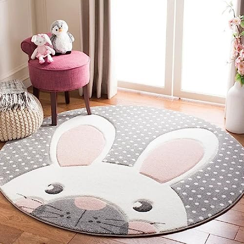 Sedefen Teppich Rund 200cm Kinderzimmer Mädchen Rosa Grau Hasen Motive Kinderteppich Waschmaschinenfest rutschfest Flauschig Teppich für Schlafzimmer Wohnzimmer